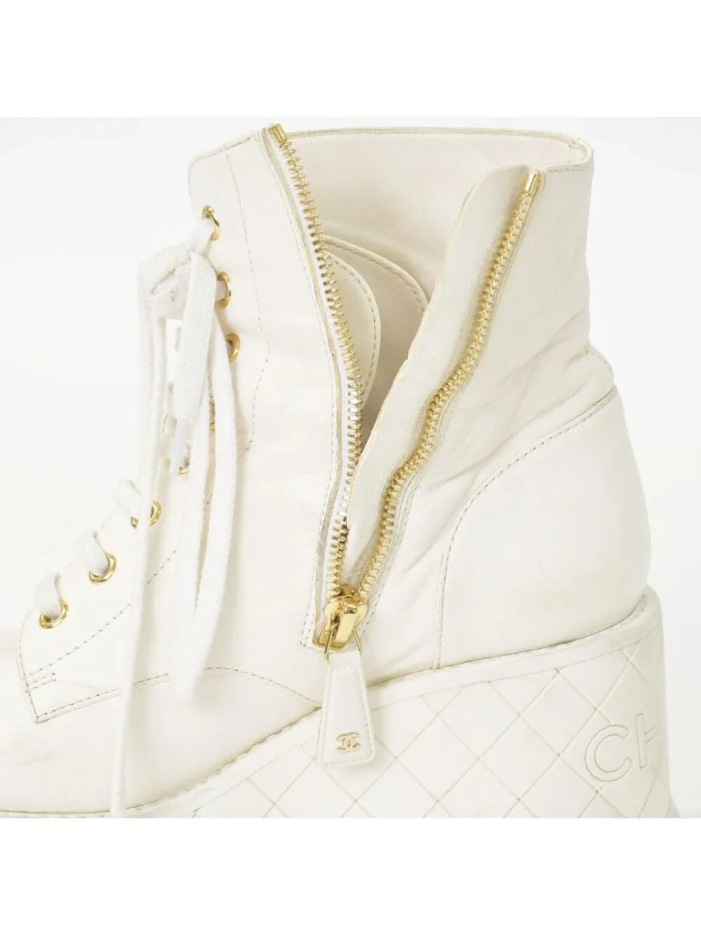 Chanel CC Logo Combat Boots Sneakers White